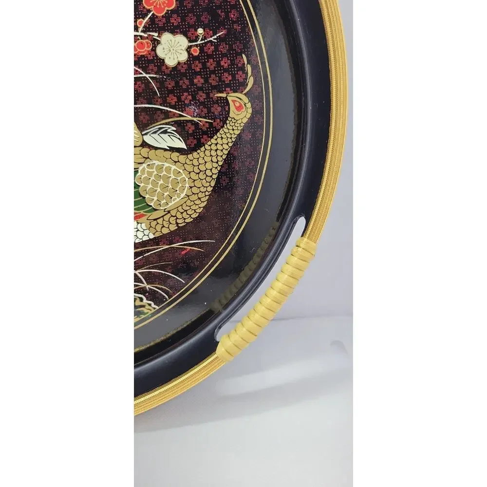 Vintage Asian Serving Tray Round Black Gold Pheasant Floral Design 12” Decorativ